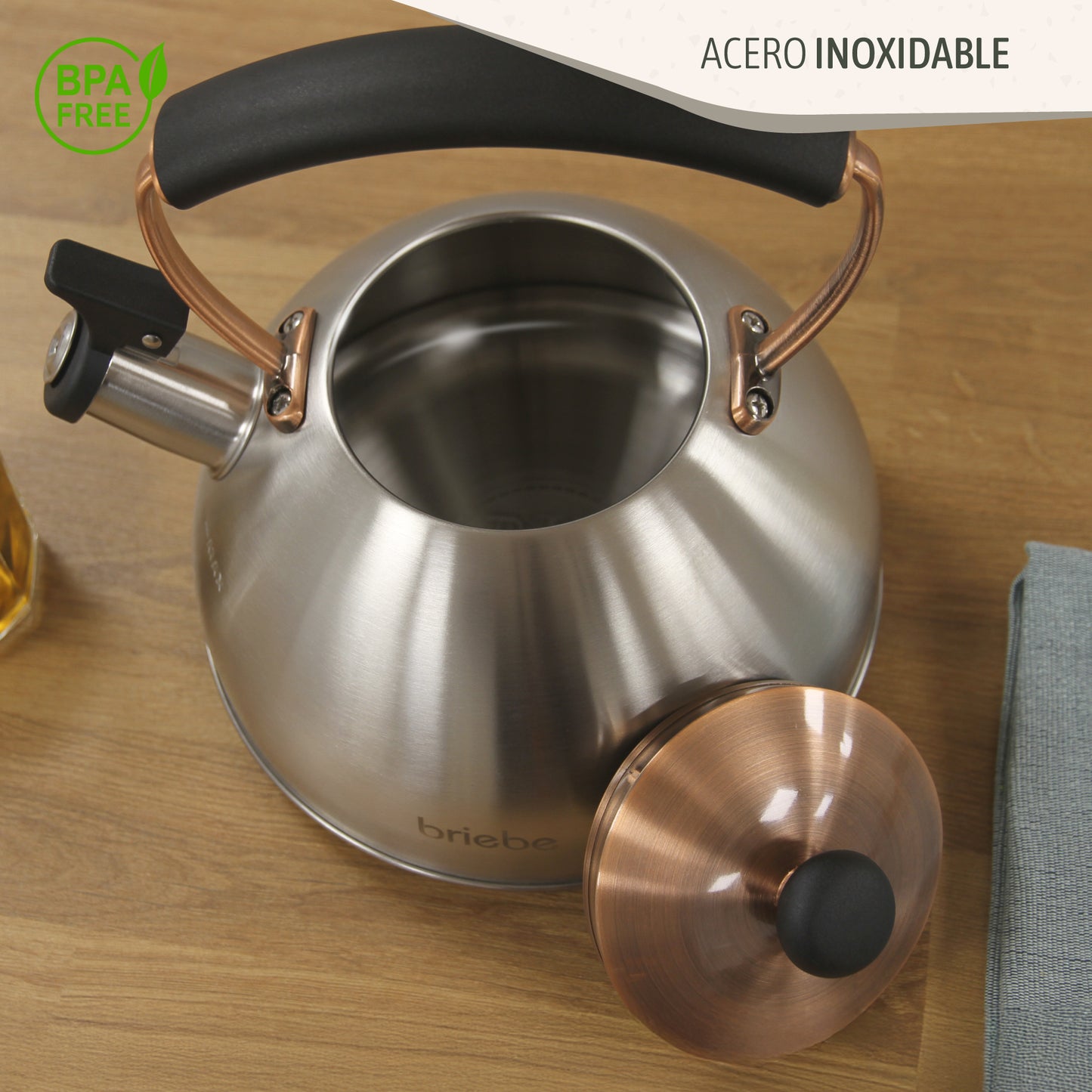 Briebe Tetera Con Silbato, Hervidor De Agua 2,3l, Inducción, Acero Inox, Vintage, Mango Cool Touch, I-bronze_3