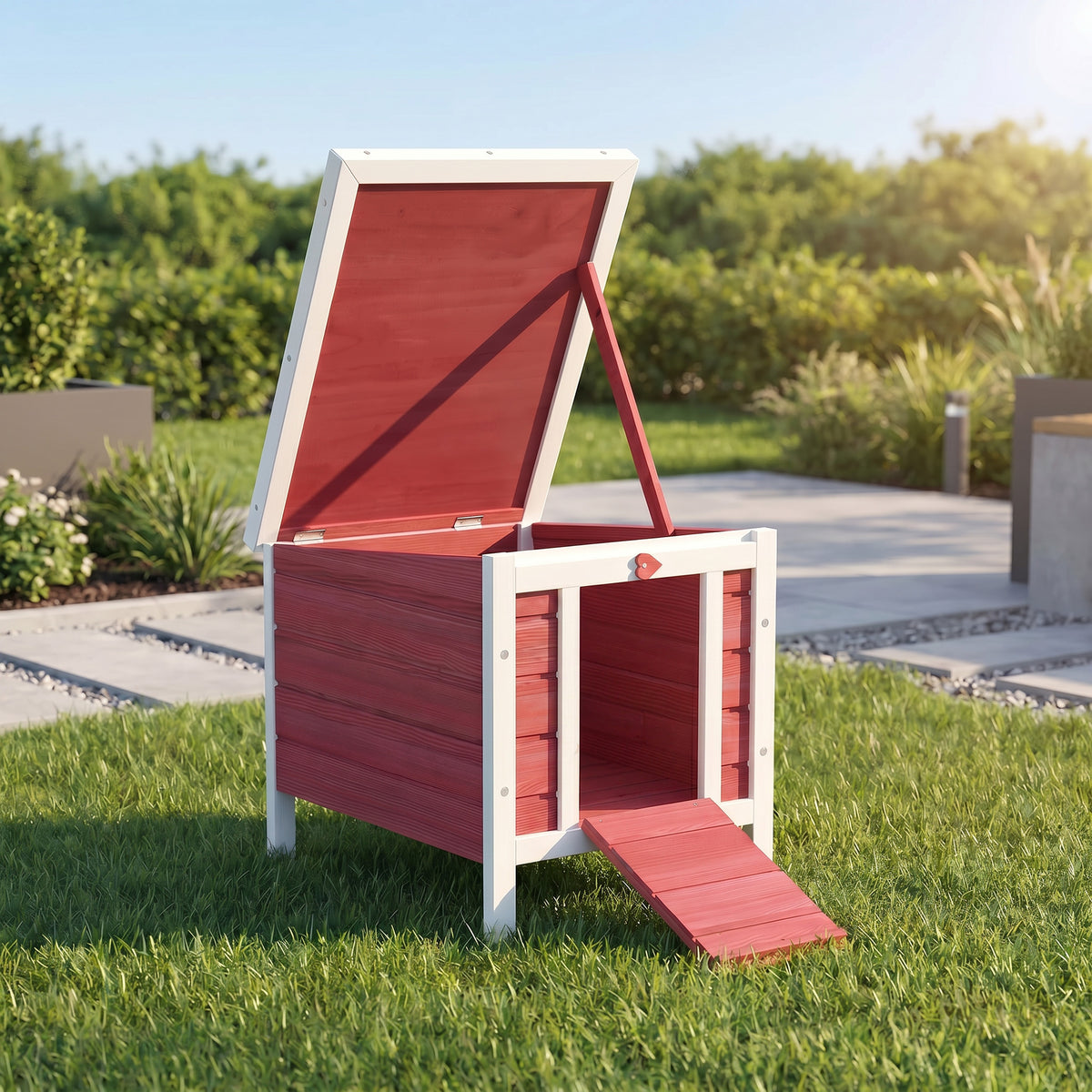 Pawhut Conejera Madera Exterior Con Techo Asfáltico Abatible 42x51x43 Cm Rojo_1