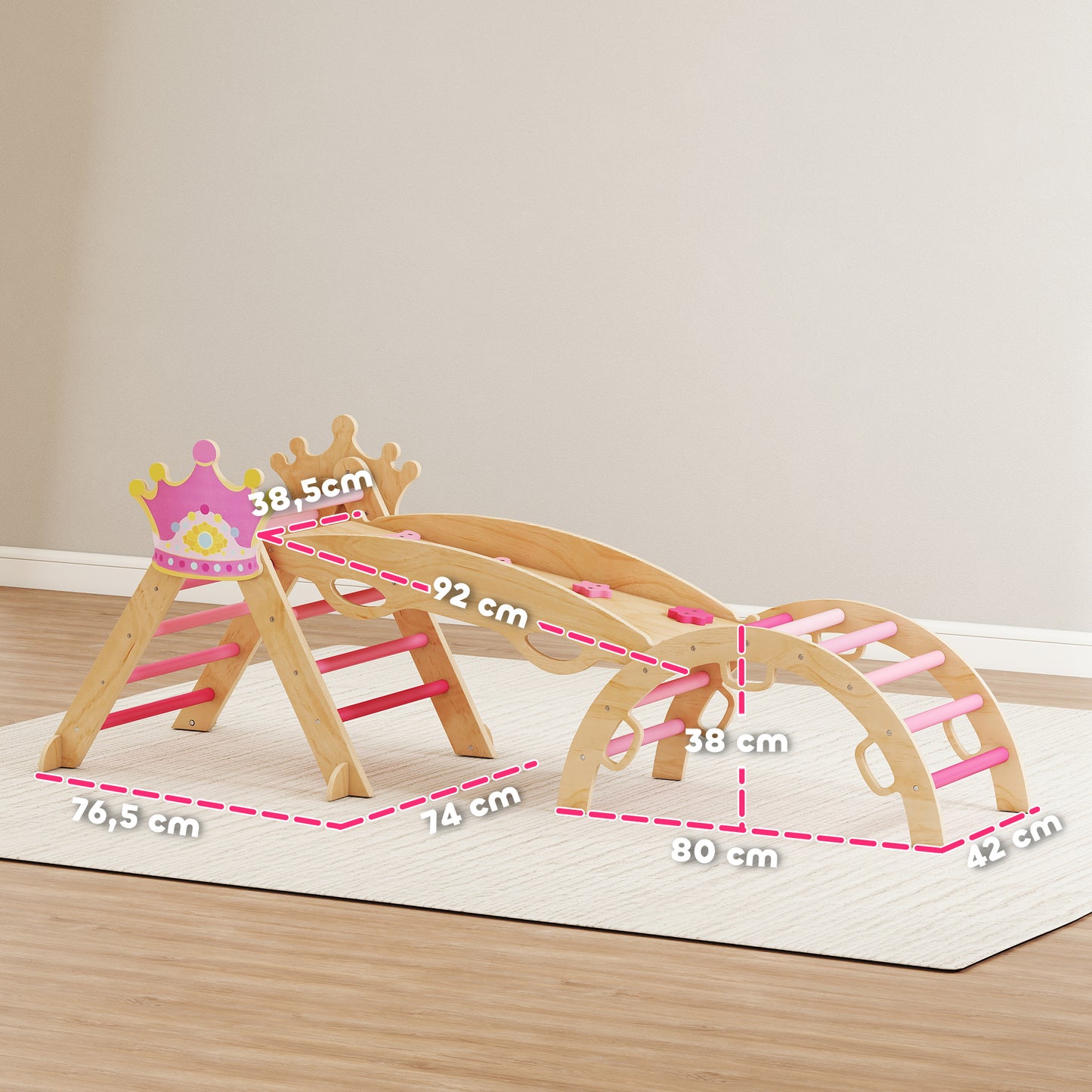 Aiyaplay 8 En 1 Triángulo De Escalada De Madera Montessori Con Arco Y Rampa Rosa_2