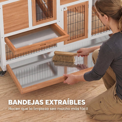 Pawhut Conejera De Madera De 2 Niveles Con Ruedas Y Bandejas Extraíbles Natural_5