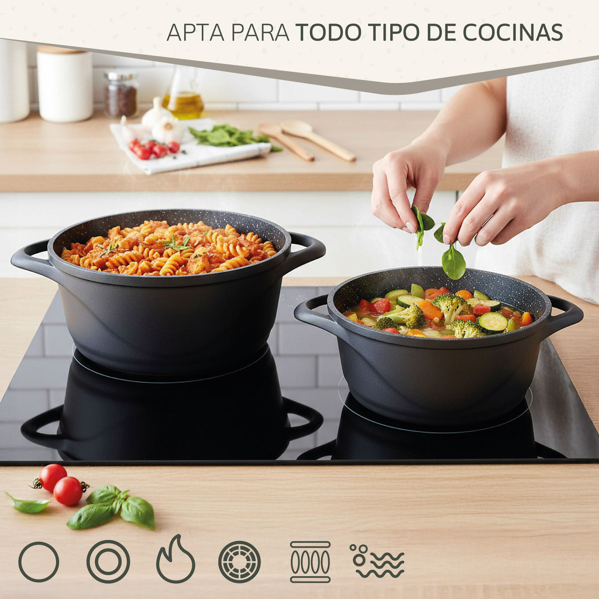 Briebe Batería De Cocina Inducción 8 Piezas Aluminio Fundido 4 Ollas Con Tapa De Cristal Antiadherente, Mgk-17s, Negro_5