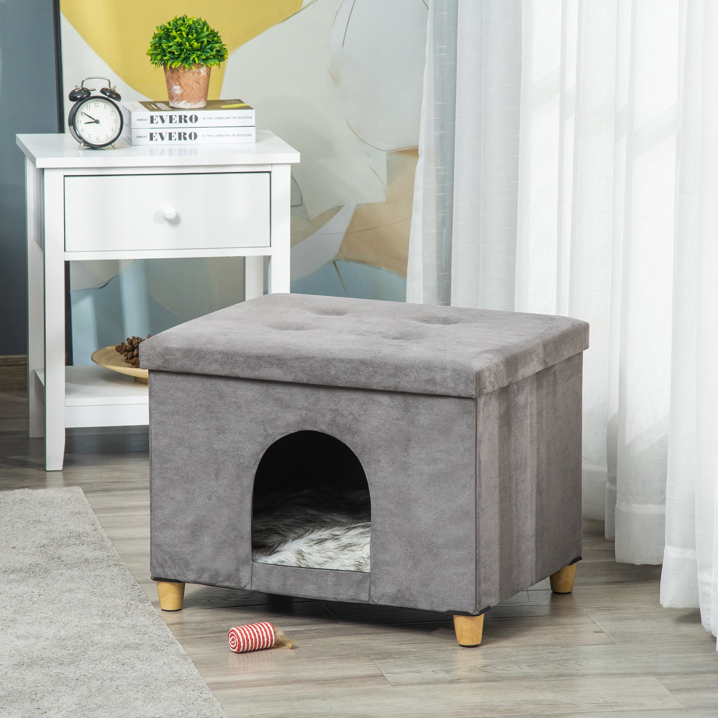 Pawhut Casa Para Gatos 2 En 1 Taburete Con Tapa Extraíble Cojín 60x45x44,5 Cm_1