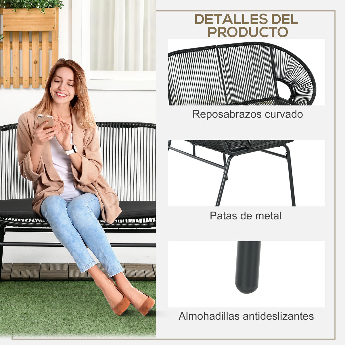 Outsunny Silla Acapulco De 2 Plazas Con Reposabrazos Cojines 132x72x83 Cm Negro_5