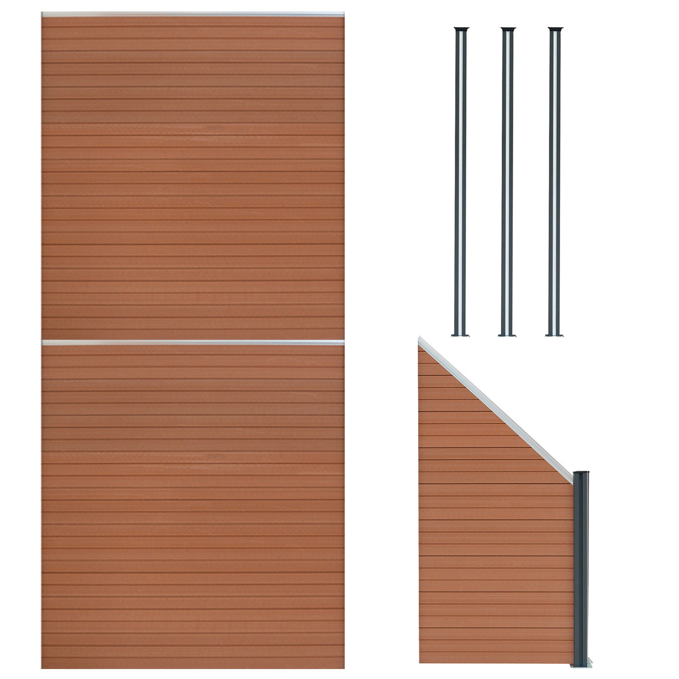 Vallas Para Exteriores De Wpc Y Aluminio - 2x Paneles Cuadrados + 1x Oblicuo + 3x Postes Con Led | Marrón_0