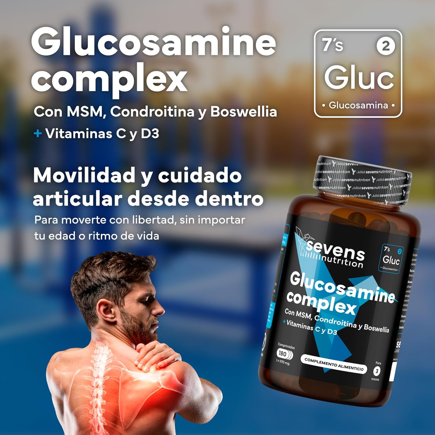 Glucosamina con Condroitina MSM Boswellia Vitaminas C y D3 Sevens Nutrition 180 cápsulas