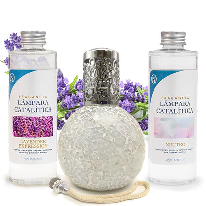 Pack Lámpara Catalítica Mosaico Blanco + Fragancia Lavender Expression 200ml + Limpiador Neutro 200ml + Mecha Repuesto_0