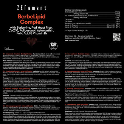 BeberLipid Complex con berberina, levadura de arroz rojo, policosanol, Q10, astaxantina, ácido fólico y vitamina B1 Zenement, 120 comprimidos