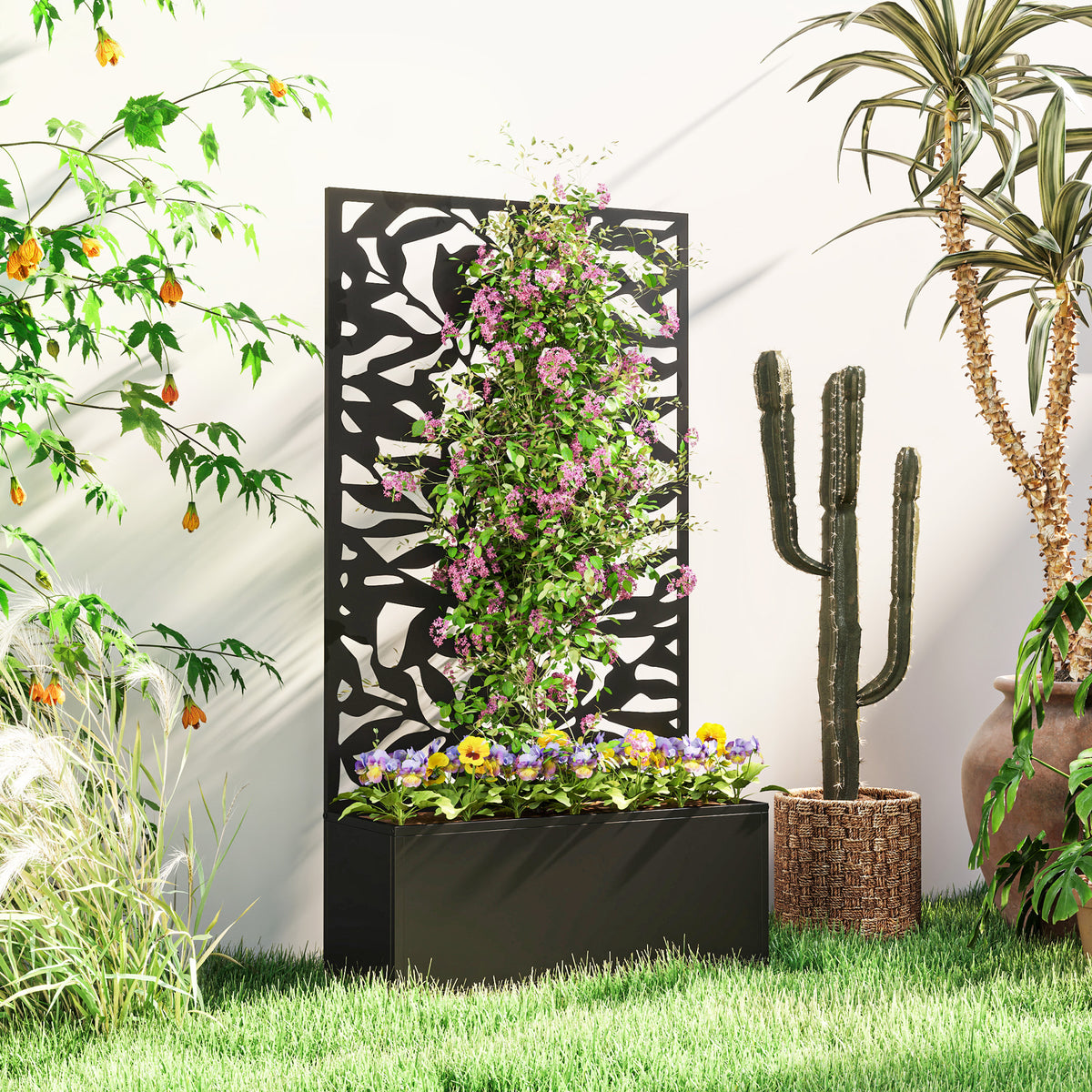 Outsunny Jardinera Exterior Grande De Metal Con Pantalla De Privacidad Negro_1