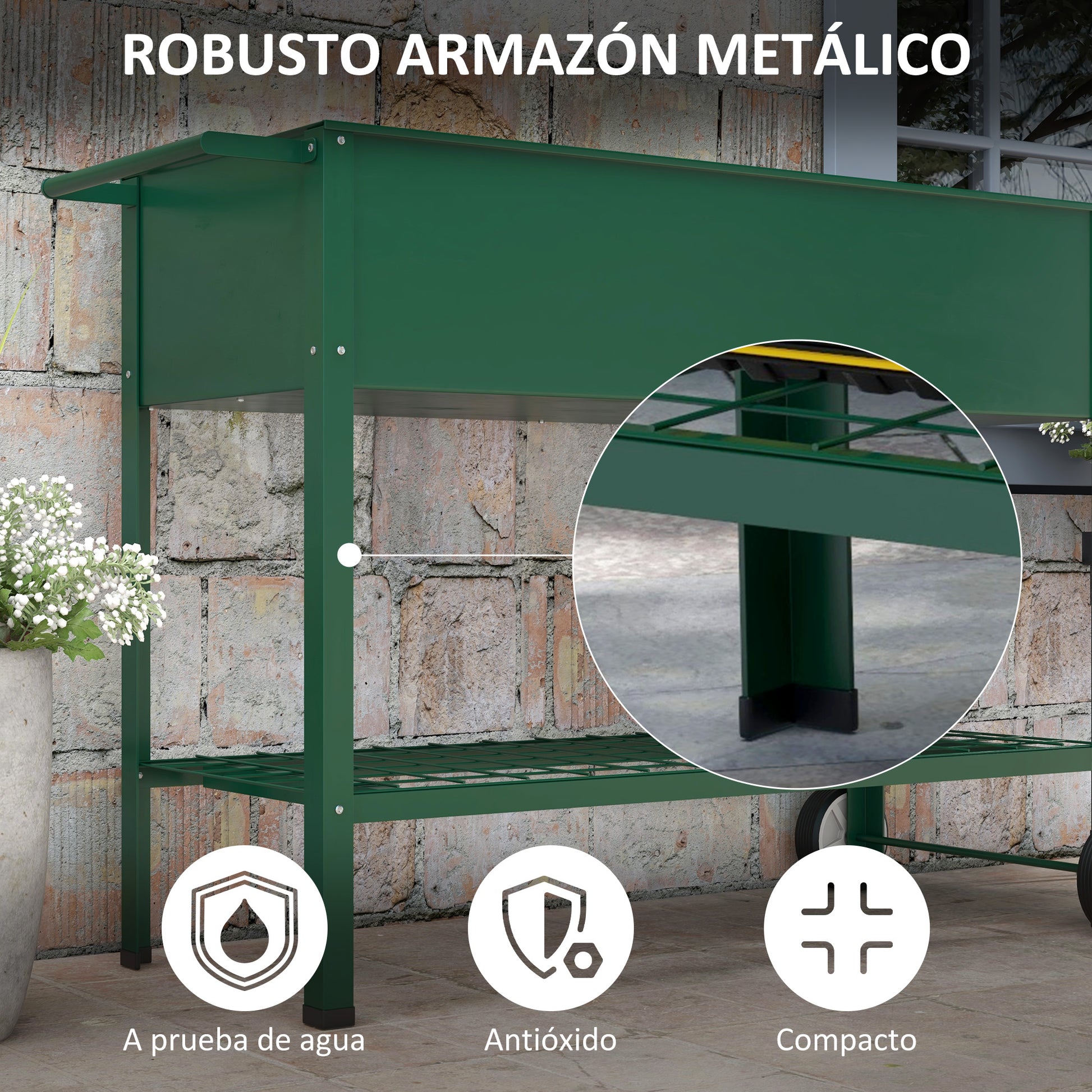 Outsunny Mesa De Cultivo 109x44x80 Cm Con 2 Ruedas Estante Y Asa Verde_5