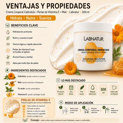 Crema Corporal de Caléndula Labnatur 500 ml | Perlas de Vitamina E, Miel y Té Verde | Hidratación Profunda_3