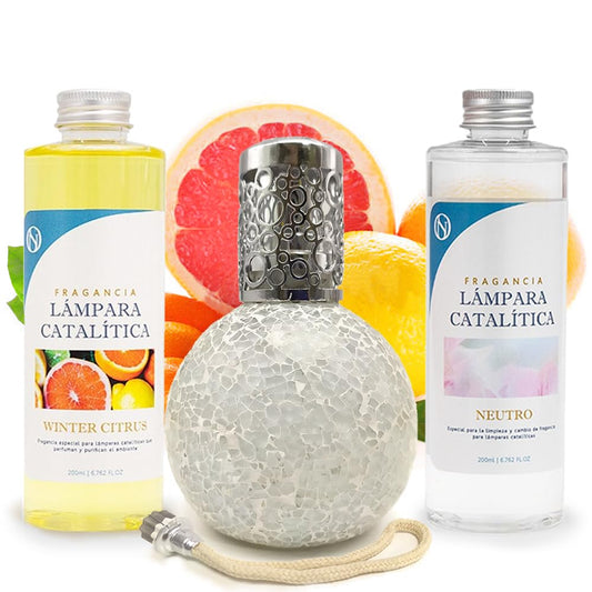 Pack Ahorro Lámpara Catalítica Mosaico Blanco + Fragancia Winter Citrus 200ml + Limpiador Neutro 200ml + Mecha Repuesto_0