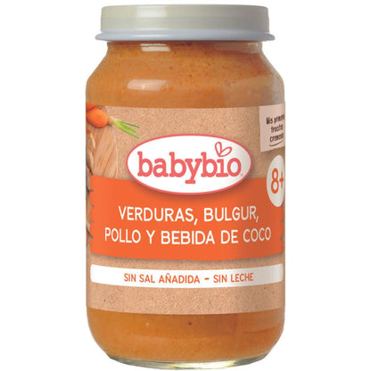 Pack 3 unidades trocitos de verduras, bulgur, pollo y bebida de coco Babybio 200 g
