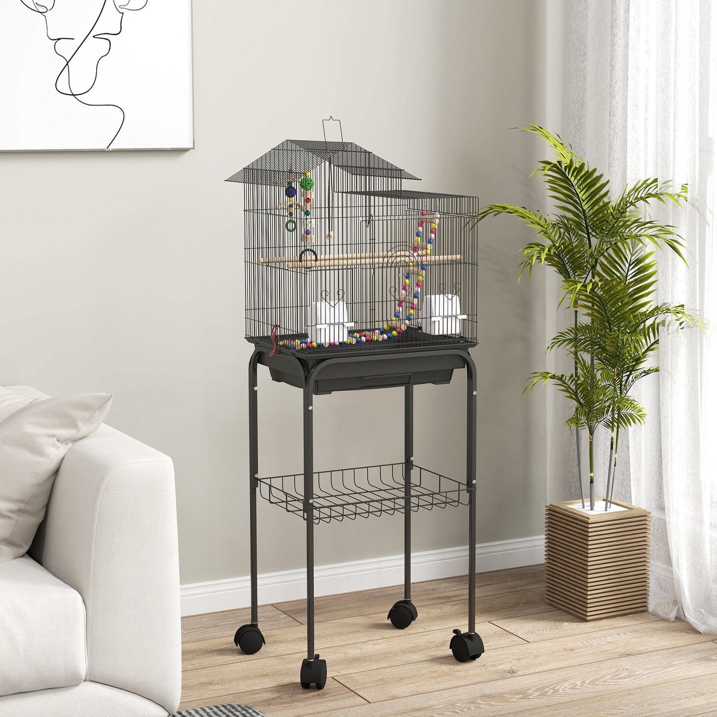 Pawhut Jaula Para Pájaros Con Ruedas Puertas 2 Comederos Columpio 46x36x120cm_1