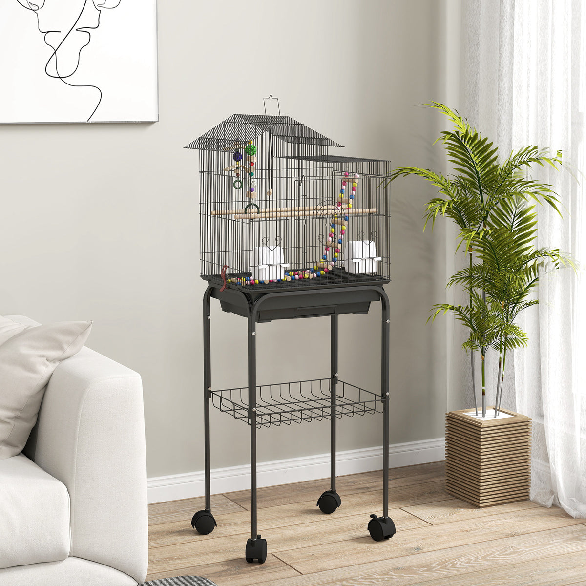 Pawhut Jaula Para Pájaros Con Ruedas Puertas 2 Comederos Columpio 46x36x120cm_1