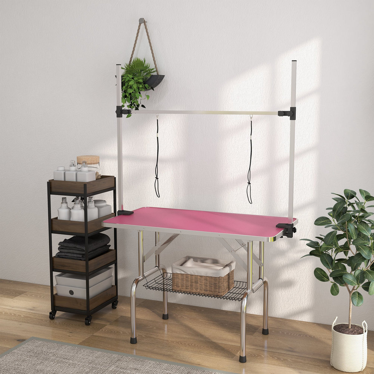 Pawhut Mesa De Peluquería Canina Plegable Con Cesta Metálica 107x60x164 Cm Rosa_4