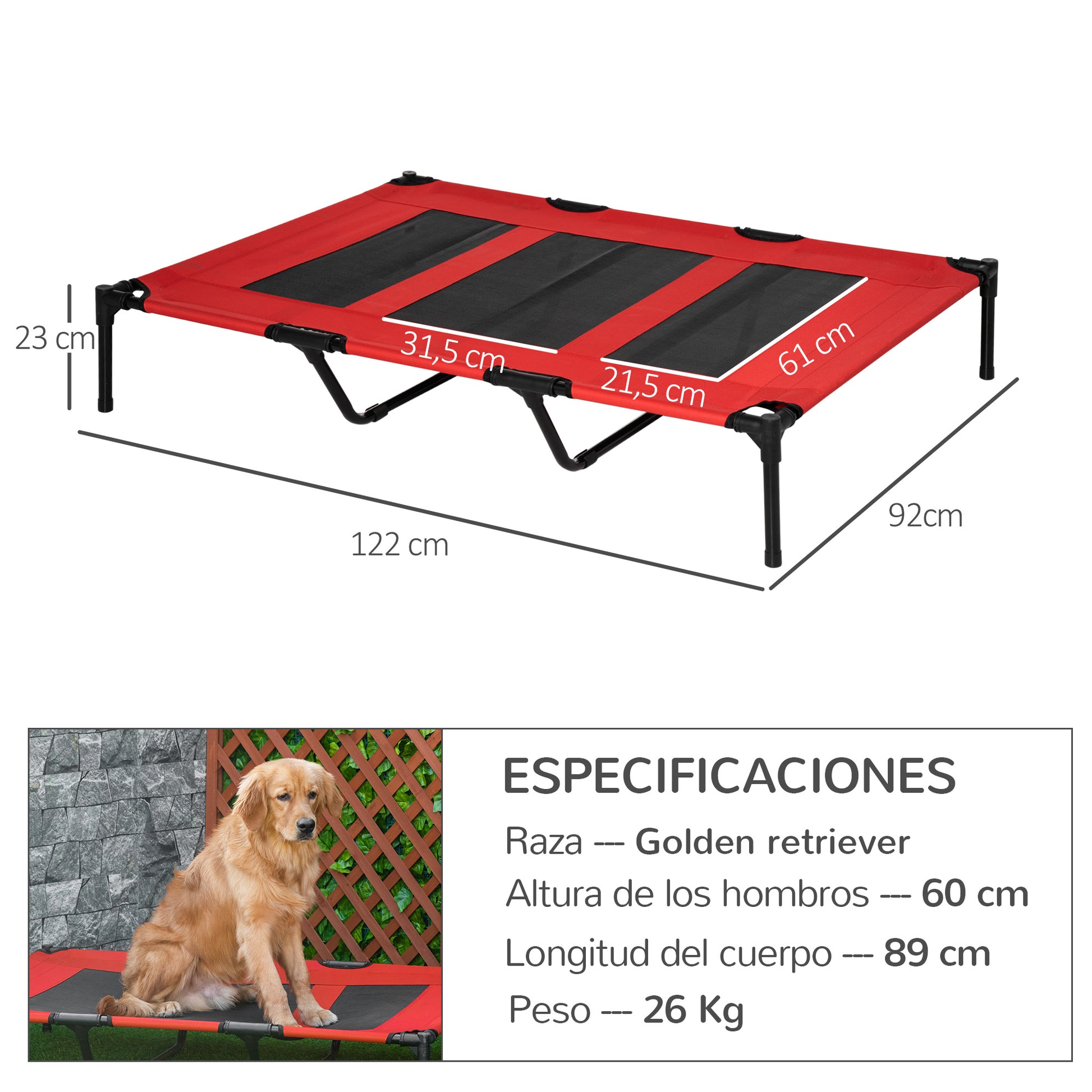 Pawhut Cama Elevada Perros Transpirable Interiores Exteriores 122x92x23 Cm Rojo_2