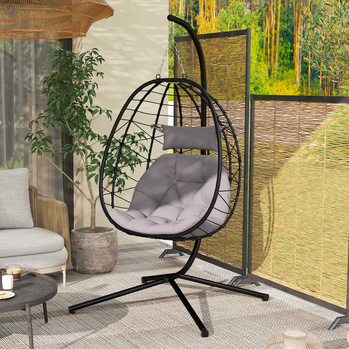 Outsunny Silla Colgante Huevo Con Soporte Con Cesta Plegable Cojín Gris_1