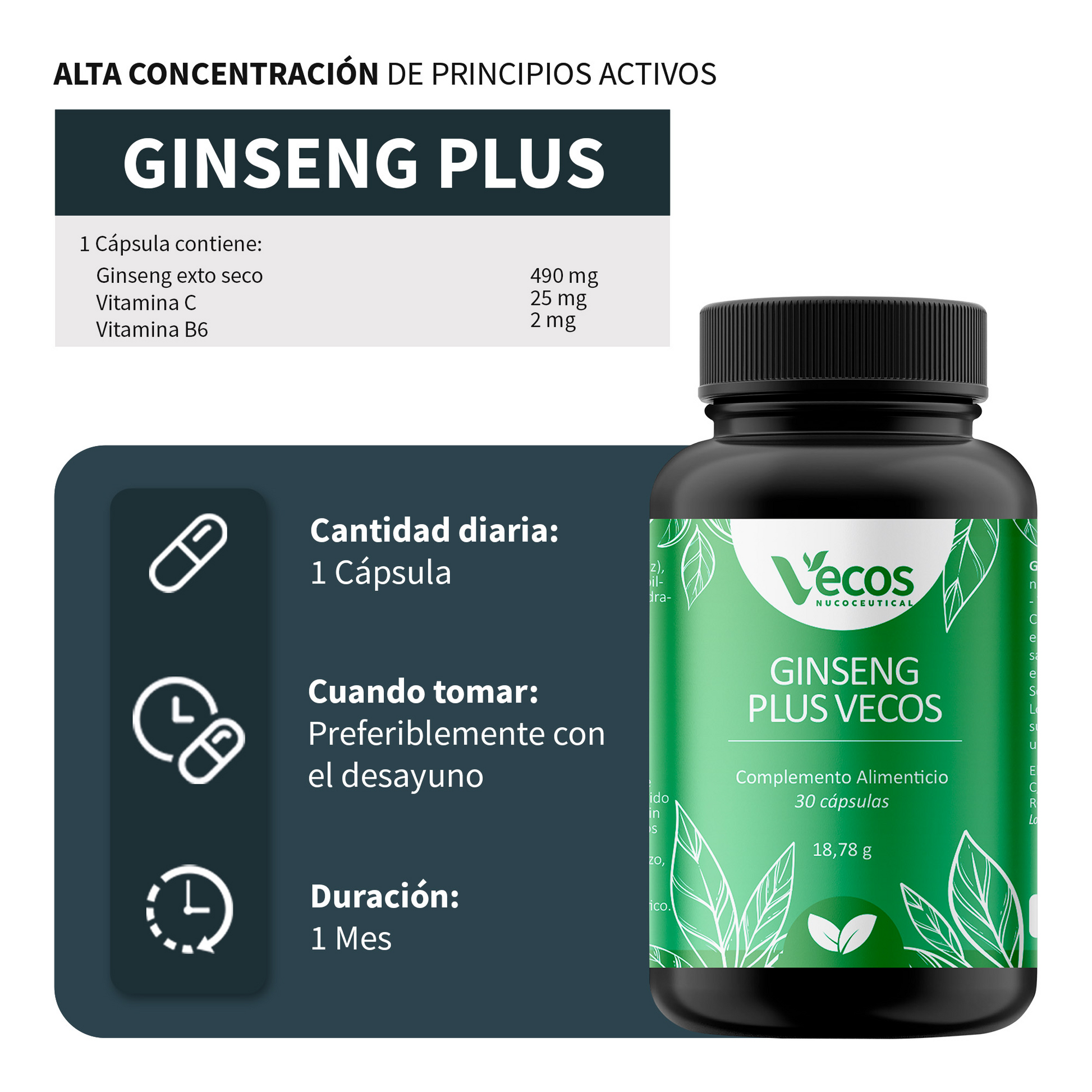 Ginseng Plus Vecos 30 Cápsulas | Cansancio Y Fatiga Física Y Mental | Panax Ginseng 490 Mg_2