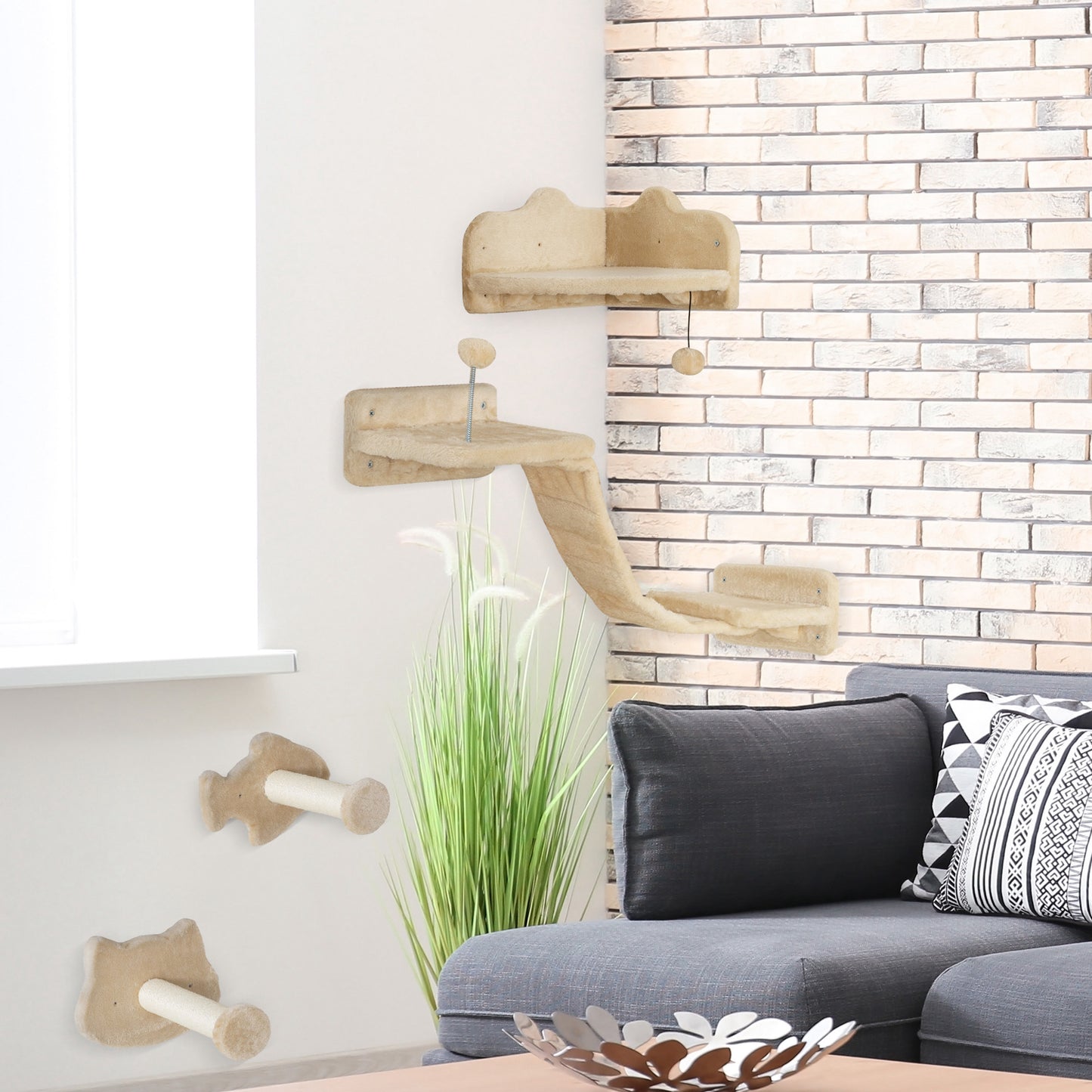 Pawhut Juego De Estanterías Para Gatos De 4 Piezas De Pared Beige_1