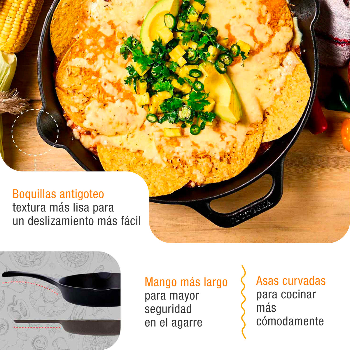 Victoria Sartén Hierro Fundido Esmaltado Diseño Calaca Inducción 30cm Apta Fuego, Horno Cast Iron Skillet, Calaca, Negro_2