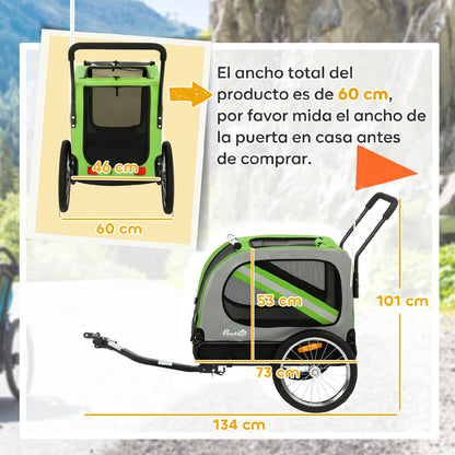 Pawhut Remolque De Bicicleta Para Perros 2 En 1 Con Arnés De Seguridad Verde_2