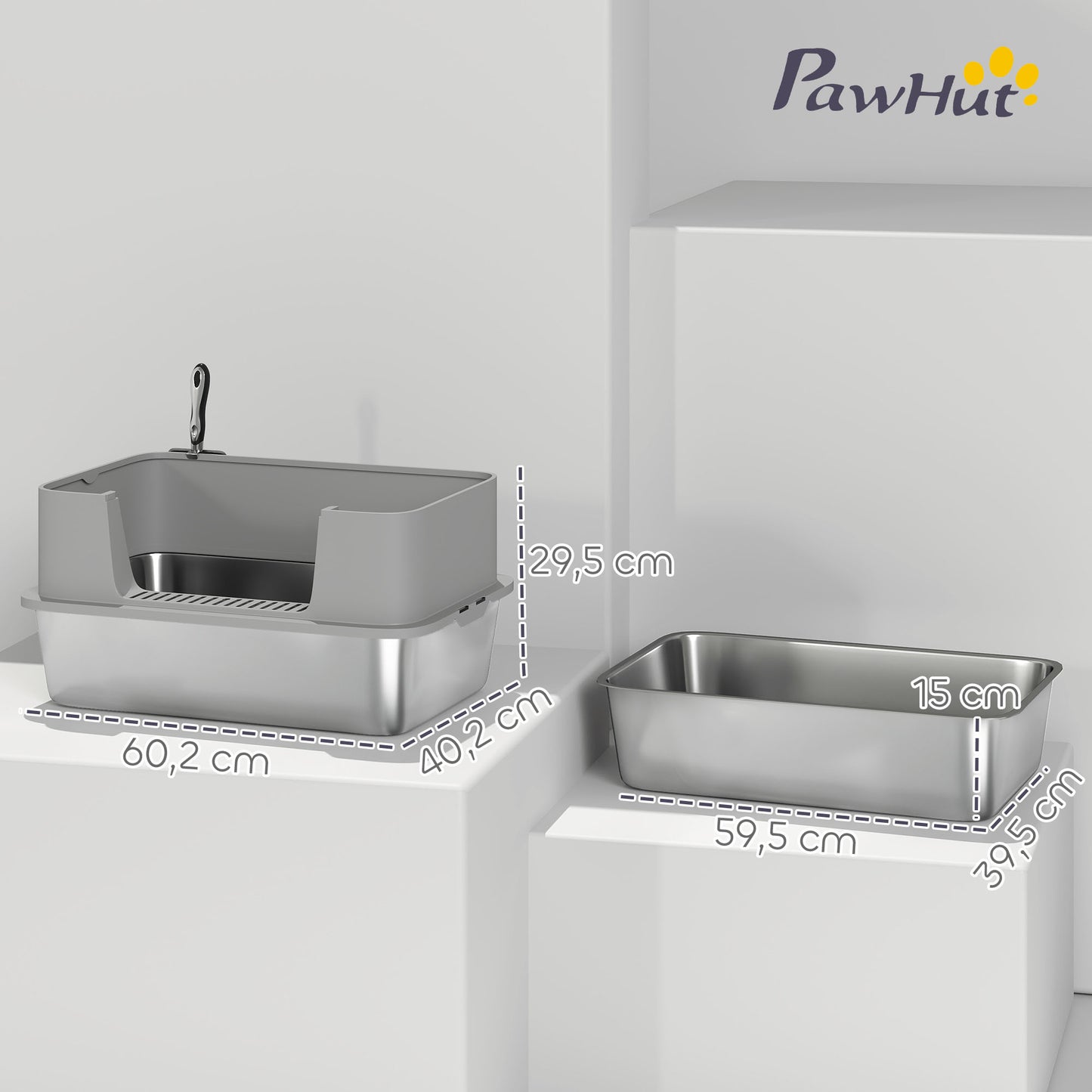 Pawhut Arenero Para Gatos De Acero Inoxidable Xl Borde Alto 60x40x29,5 Cm Gris_2