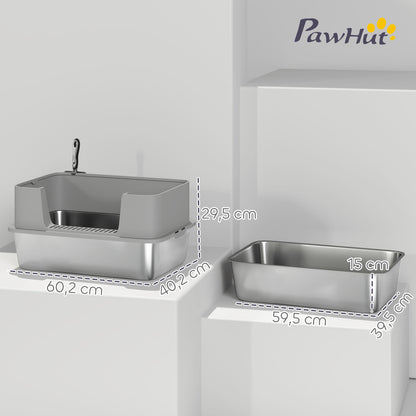 Pawhut Arenero Para Gatos De Acero Inoxidable Xl Borde Alto 60x40x29,5 Cm Gris_2