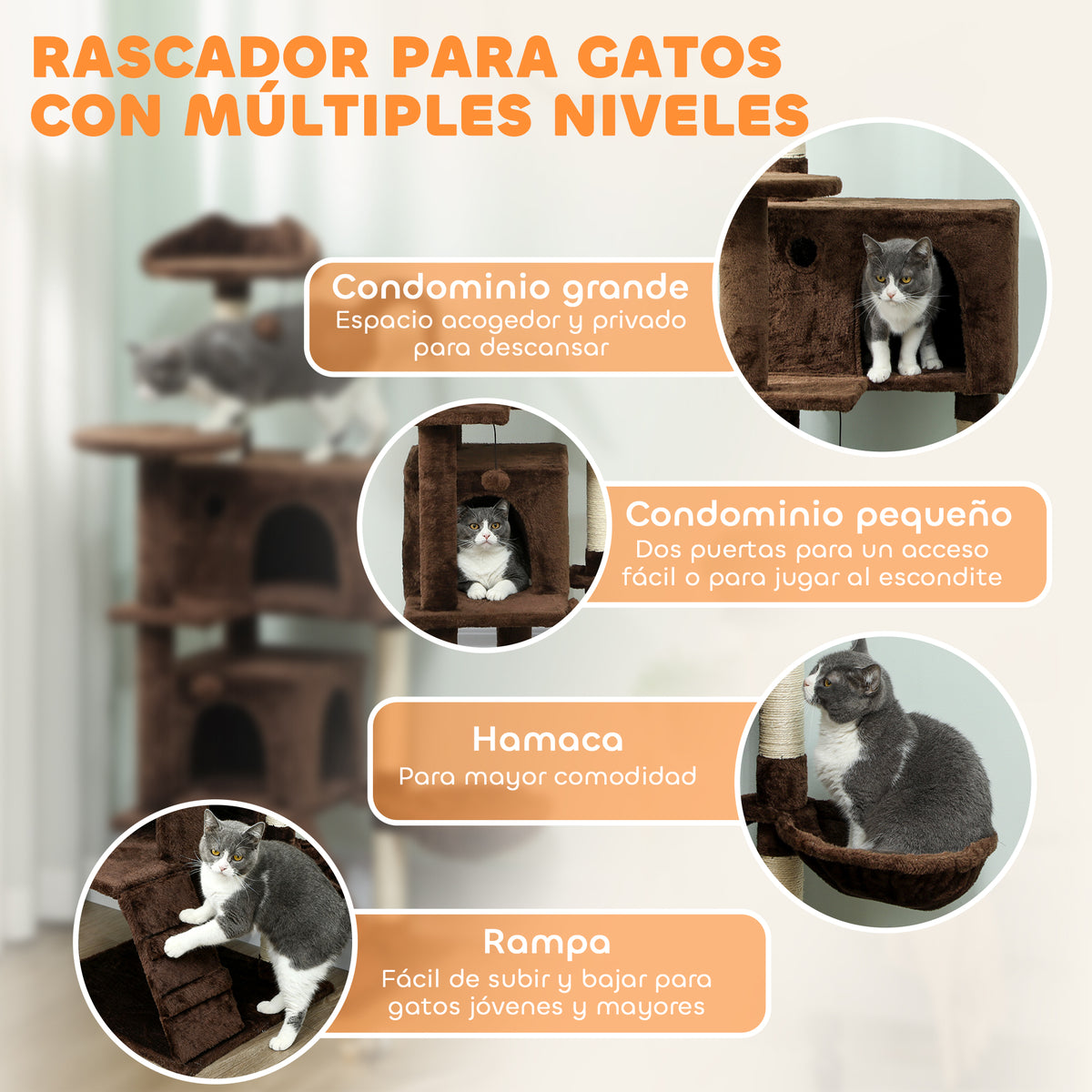 Pawhut Árbol Rascador Para Gatos 140 Cm Con Múltiples Plataformas Marrón_3
