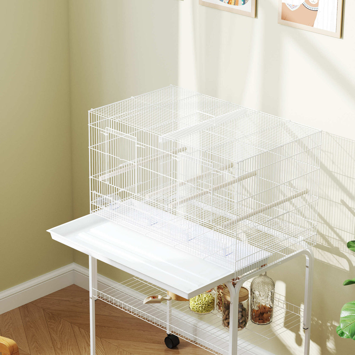 Jaula Para Pájaros Pawhut Acero, Pp Blanco 76x46x116 Cm_3