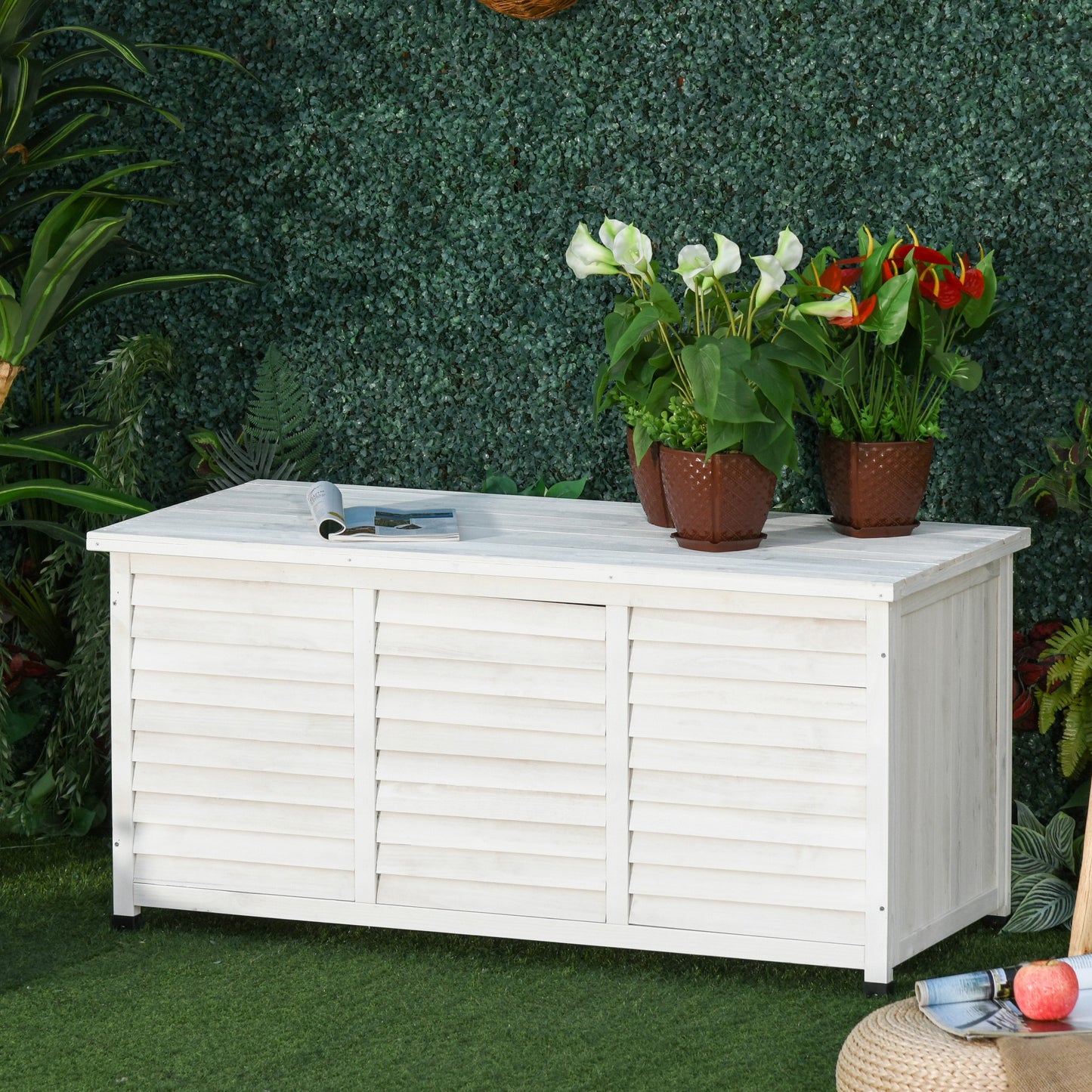 Outsunny Baúl De Madera Exterior Con Tapa Abrible Y Diseño Persiana 127x56x60 Cm_1