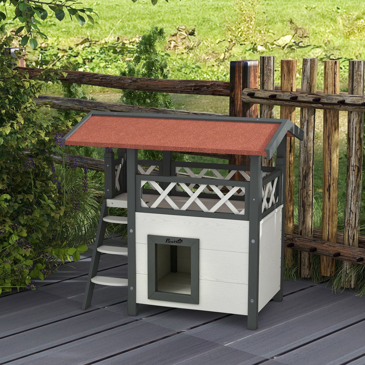 Pawhut Casa Para Gatos De Madera 77x50x73 Cmcon Techo Asfáltico Escalera Blanco_1