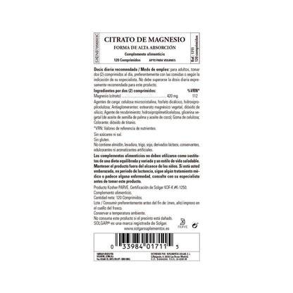 Citrato de magnesio 120 comprimidos-Solgar