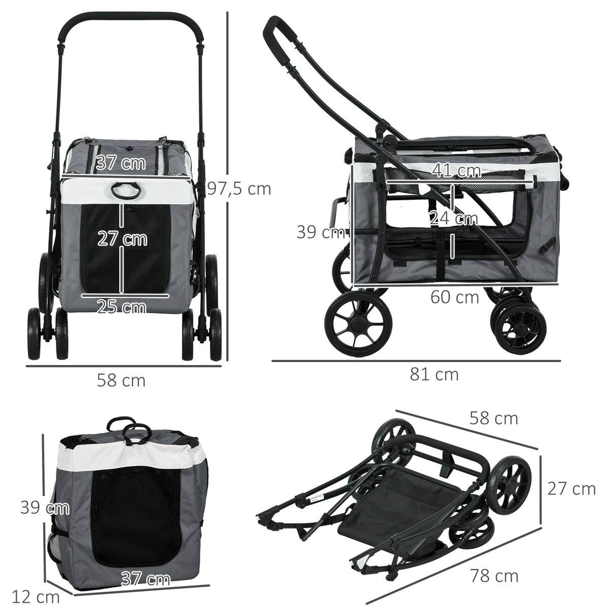 Pawhut Cochecito Para Perros Pequeños Plegable Con Vagón Desmontable Gris_2