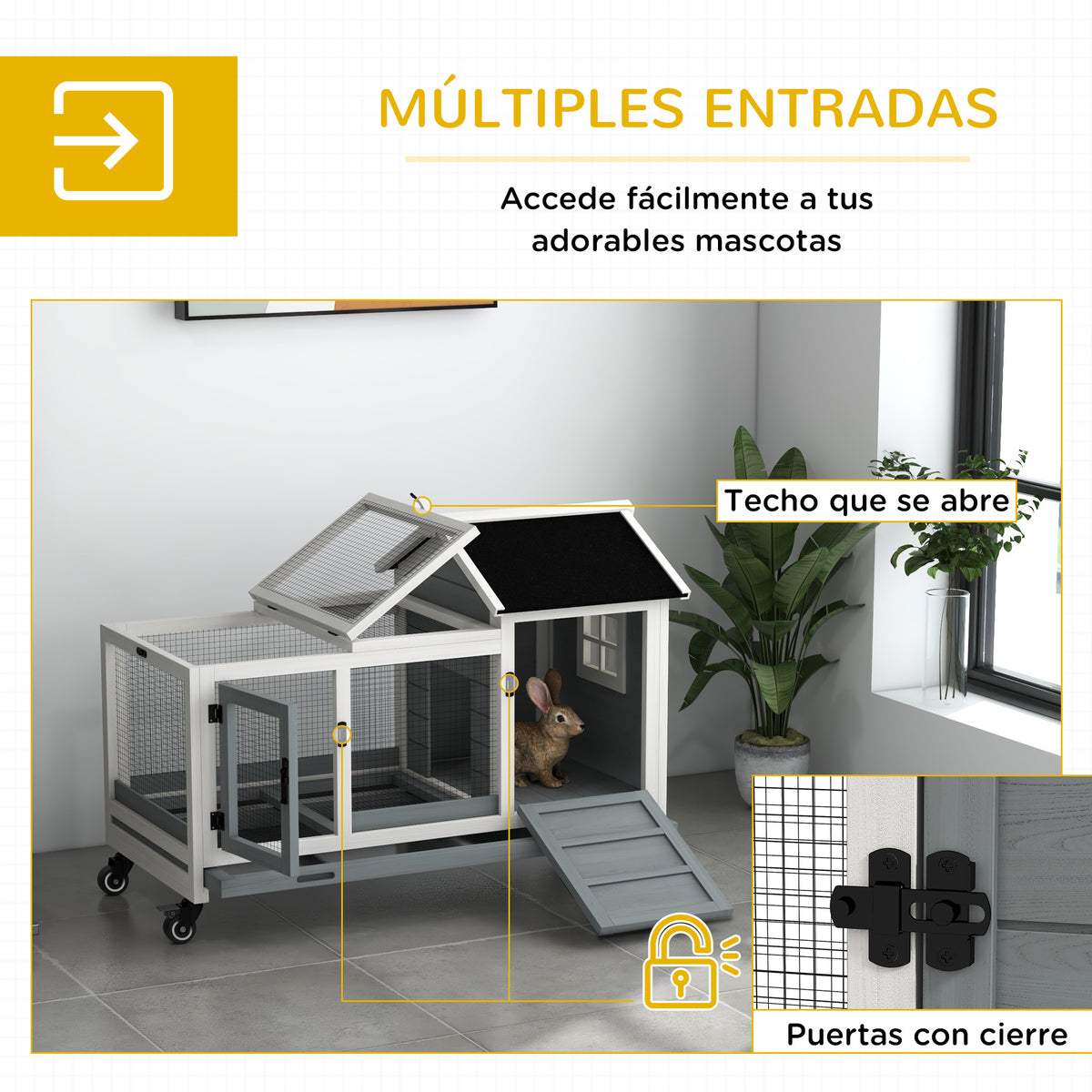Pawhut Conejera De Madera Con Ruedas Techo Abatible 108x58x73,5 Cm Gris_5