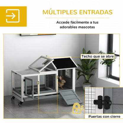 Pawhut Conejera De Madera Con Ruedas Techo Abatible 108x58x73,5 Cm Gris_5