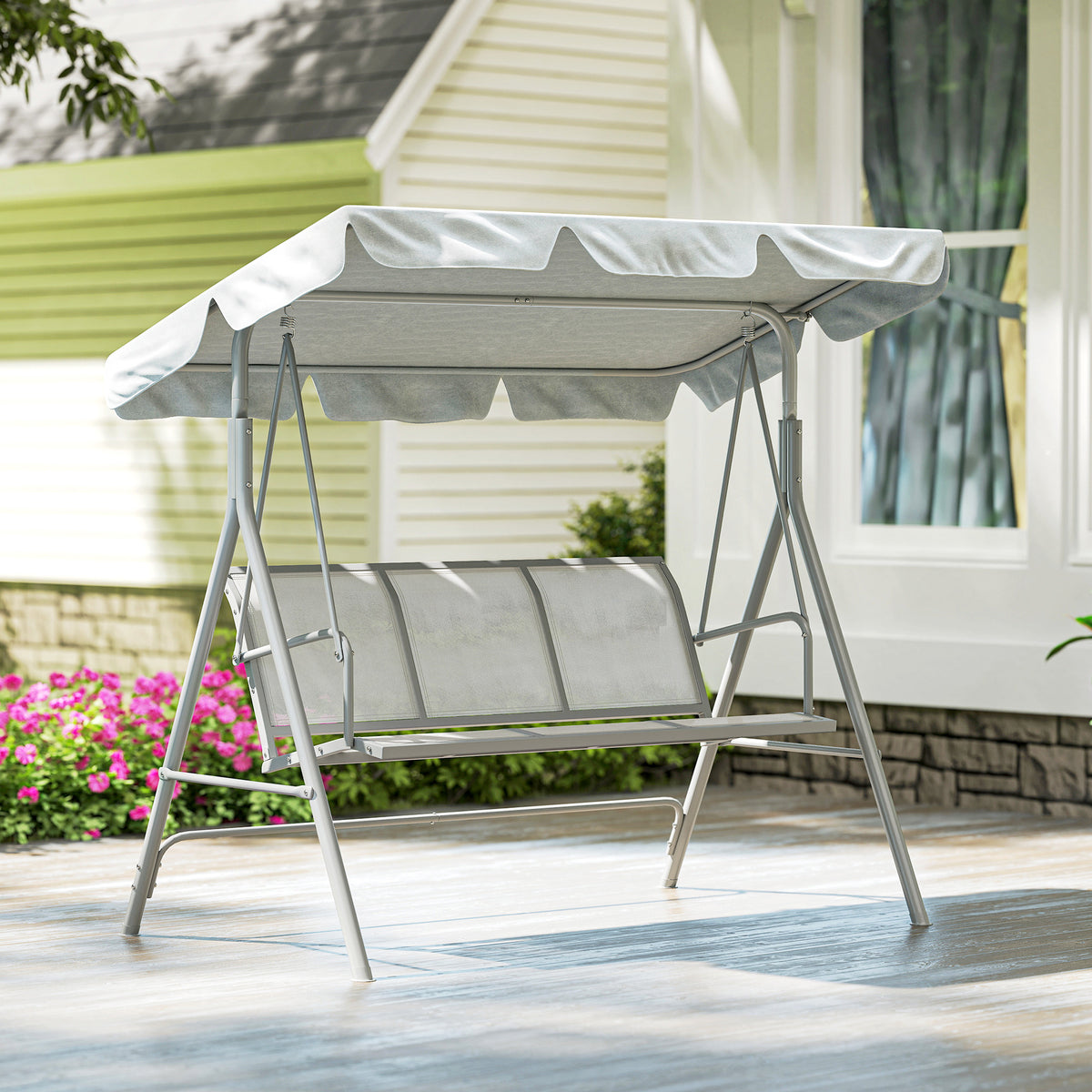 Outsunny Columpio Balancín Jardín De 3 Plazas Con Toldo Ajustable Terraza Gris_4