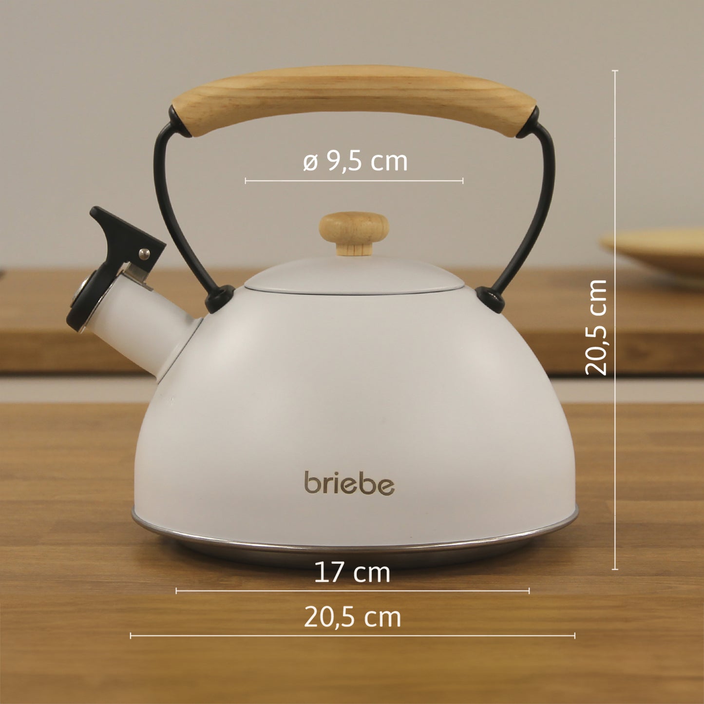 Briebe Tetera Con Silbato, Hervidor De Agua 2,3l, Inducción, Acero Inox, Vintage, Mango Madera, Nordic, Blanco_5