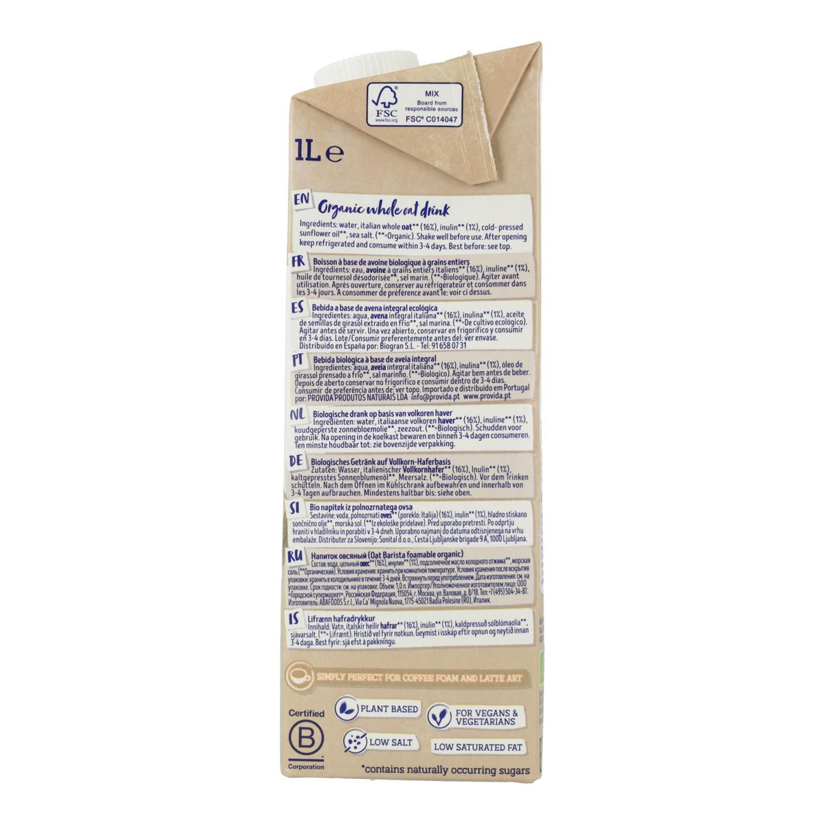 Pack 6 uds Bebida de Avena Barista BIO Isola Bio, 1L