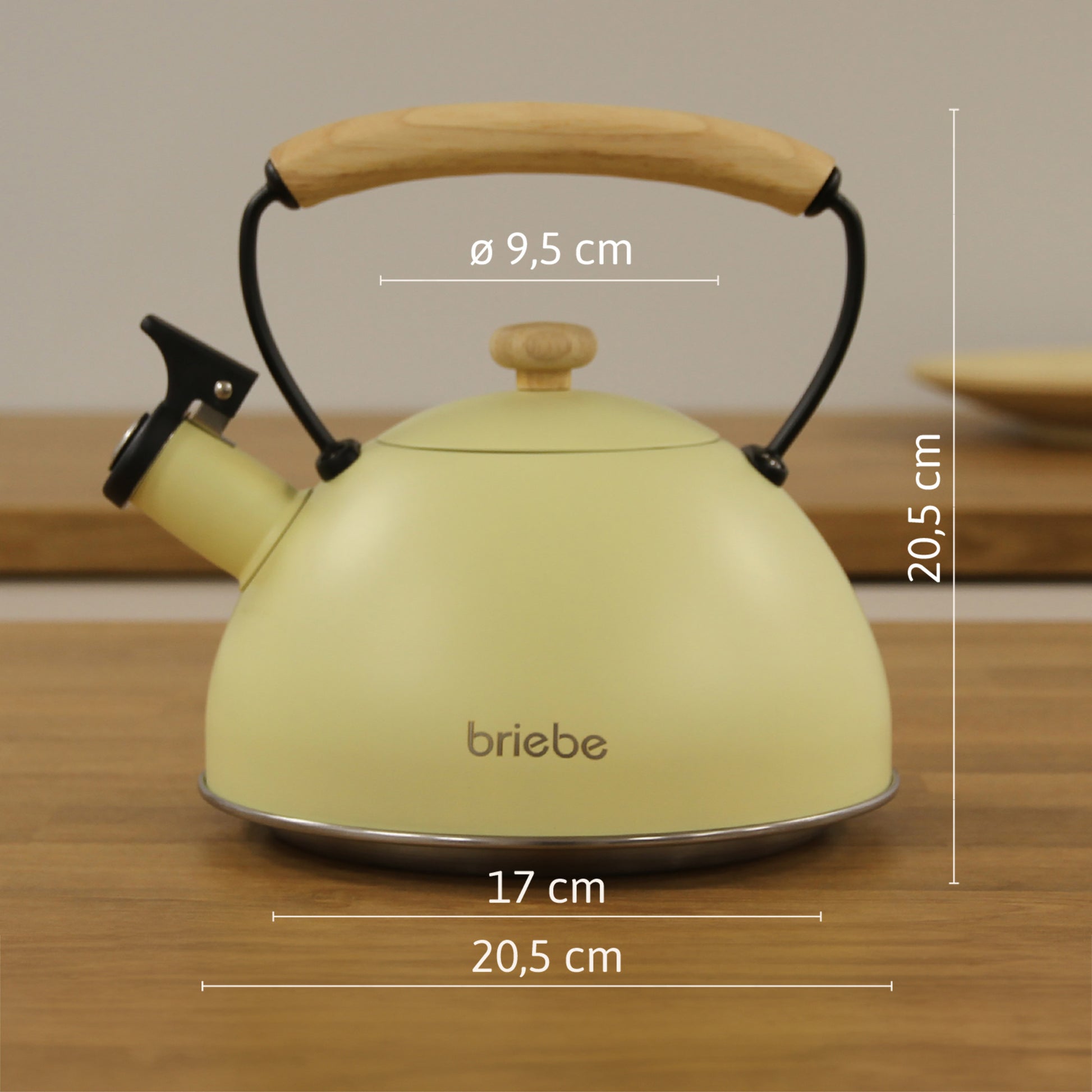 Briebe Tetera Con Silbato, Hervidor De Agua 2,3l, Inducción, Acero Inox, Vintage, Mango Madera, Pastel, Amarillo_5