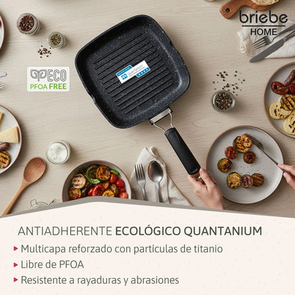 Briebe Grill Asador, Inducción, Antiadherente Titanio 28x28cm Aluminio Fundido Sin Pfoa Mango Plegable, Gp1159, Negro_3