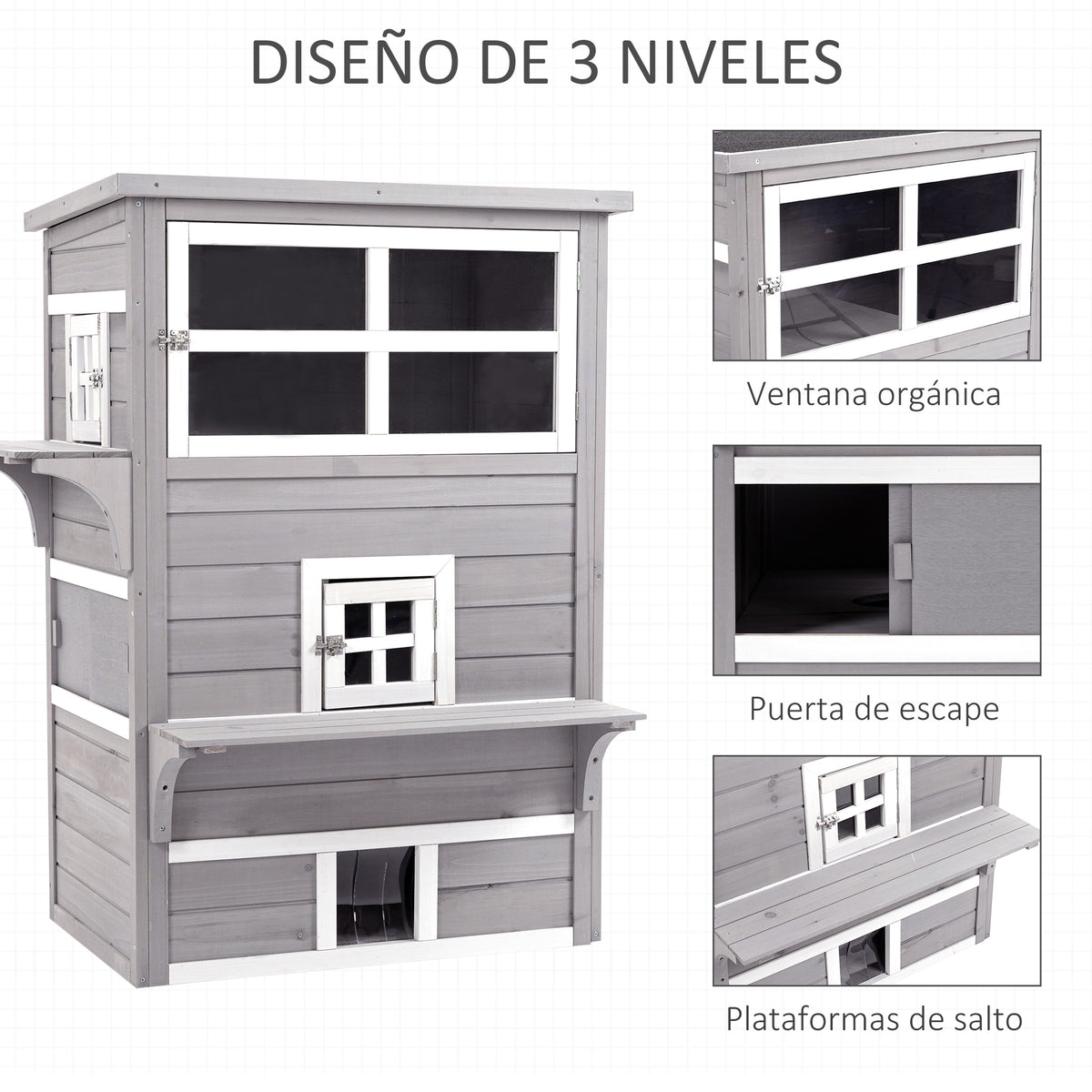 Pawhut Caseta Para Gatos De Madera Exterior De 3 Pisos Con Múltiples Entradas_3