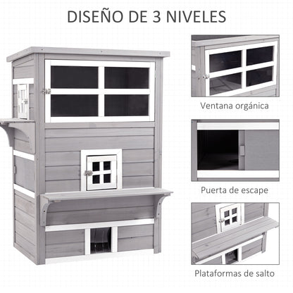 Pawhut Caseta Para Gatos De Madera Exterior De 3 Pisos Con Múltiples Entradas_3