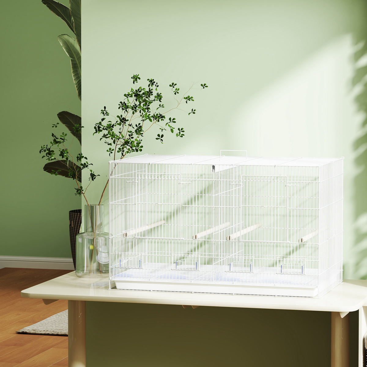 Pawhut Jaula Para Pájaros Con Divisor 4 Comederos 4 Perchas 76x46x46 Cm Blanco_3