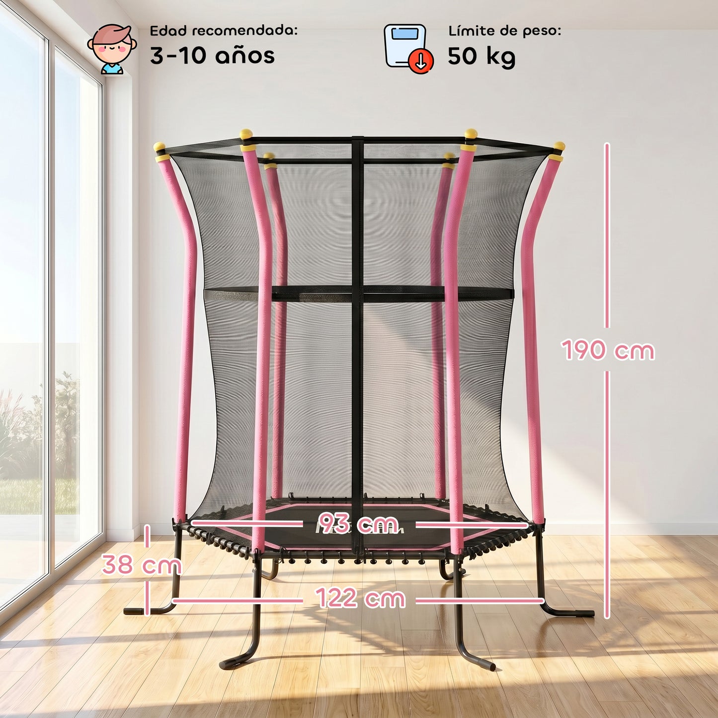 Homcom Cama Elástica Infantil De Jardín 122x111x190 Cm Carga 50 Kg Negro Y Rosa_2
