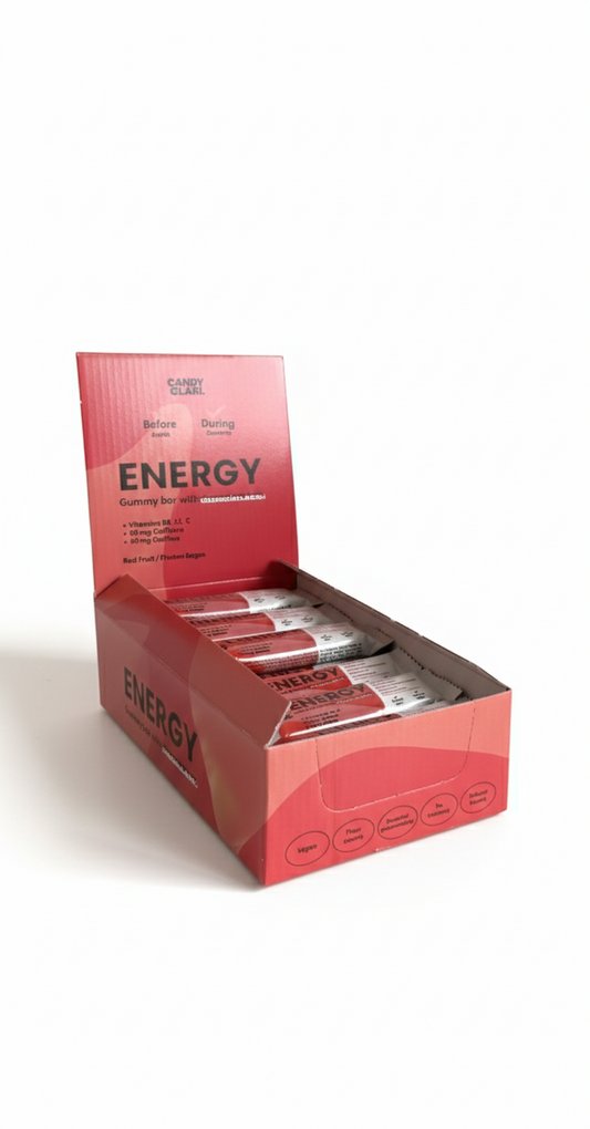 Candyglam Energy | Gummy Bar Energética Vegana Con Chocolate 70% | Cafeína + Taurina + Vitaminas | Pack 24 Barritas_0
