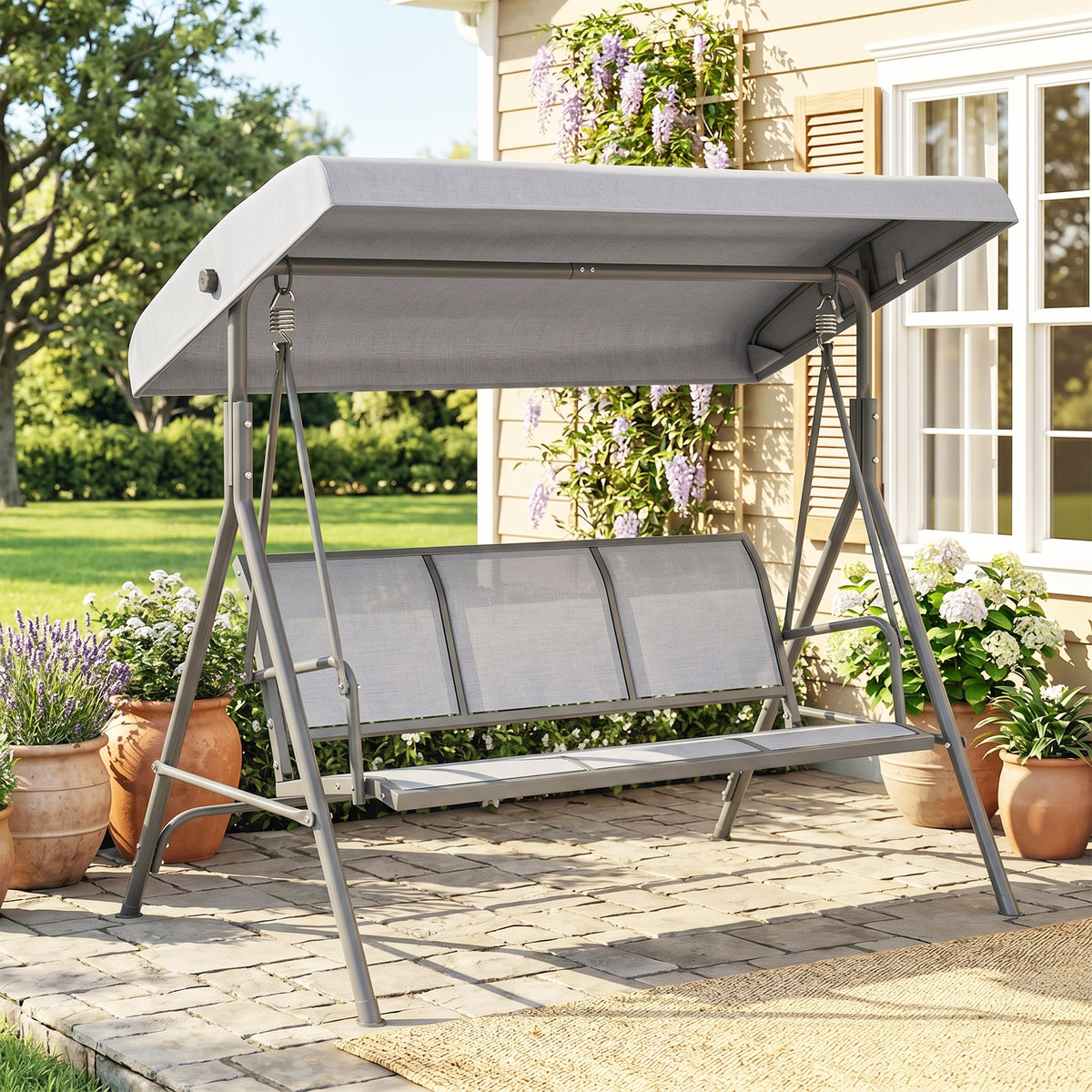 Outsunny Columpio Balancín De Jardín De 3 Plazas Con Techo Ajustable 175x118x159 Cm Gris_1