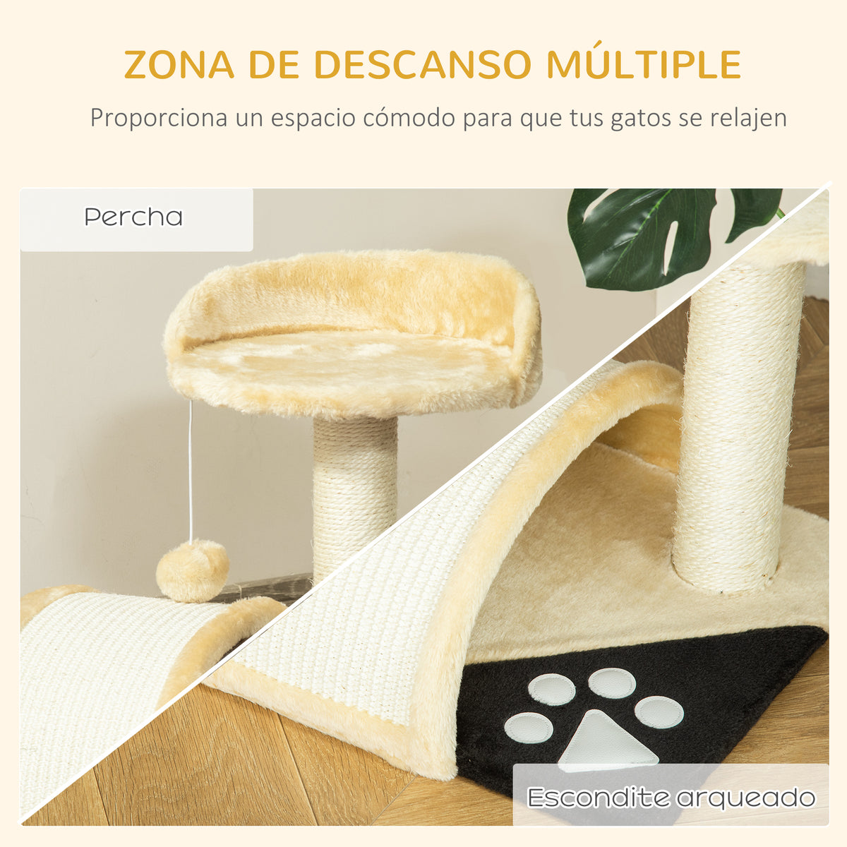 Pawhut Árbol Rascador Para Gatos 2 Niveles Con Poste Tablero Para Rascar Beige_5