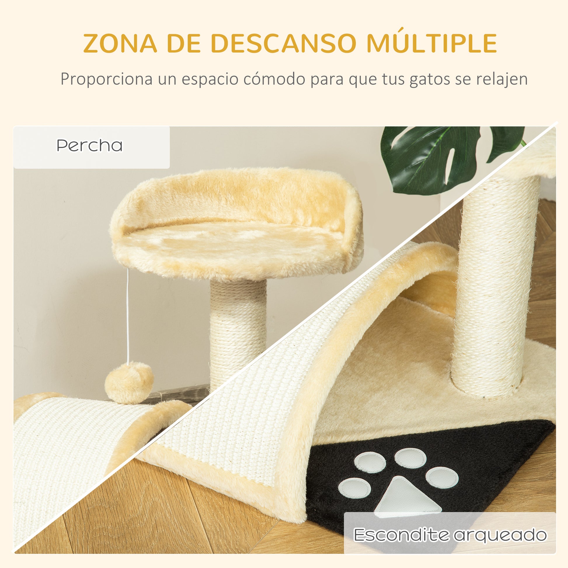 Pawhut Árbol Rascador Para Gatos 2 Niveles Con Poste Tablero Para Rascar Beige_5