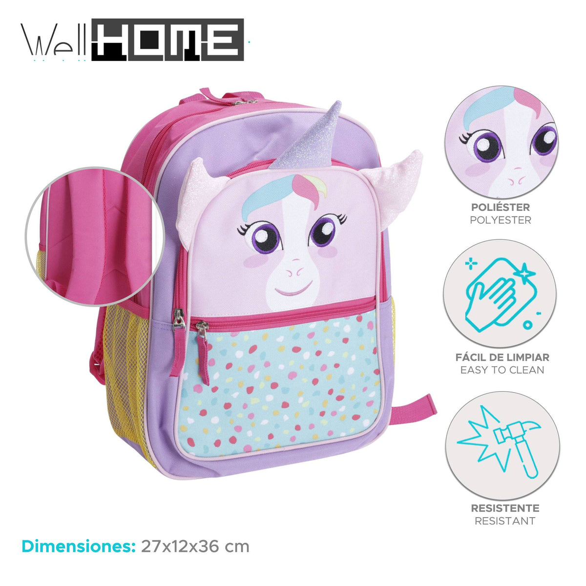 Well Home Mochila Infantil Diseño Unicornio Rosa 27x12x36cm_1