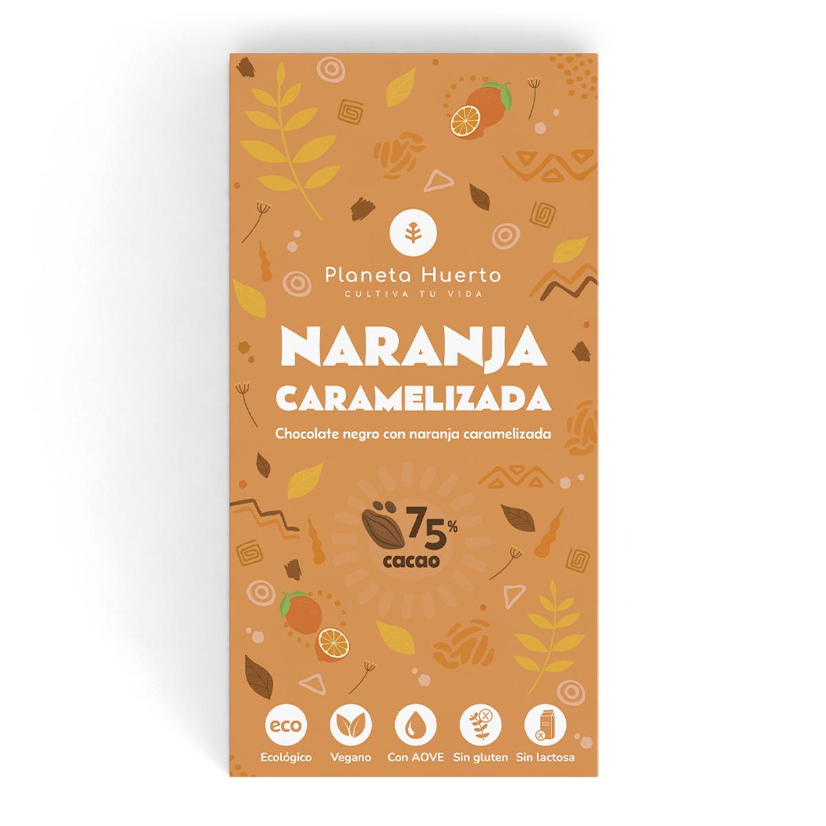 Tableta chocolate negro 75% con naranja caramelizada ECO Planeta Huerto 70 gr